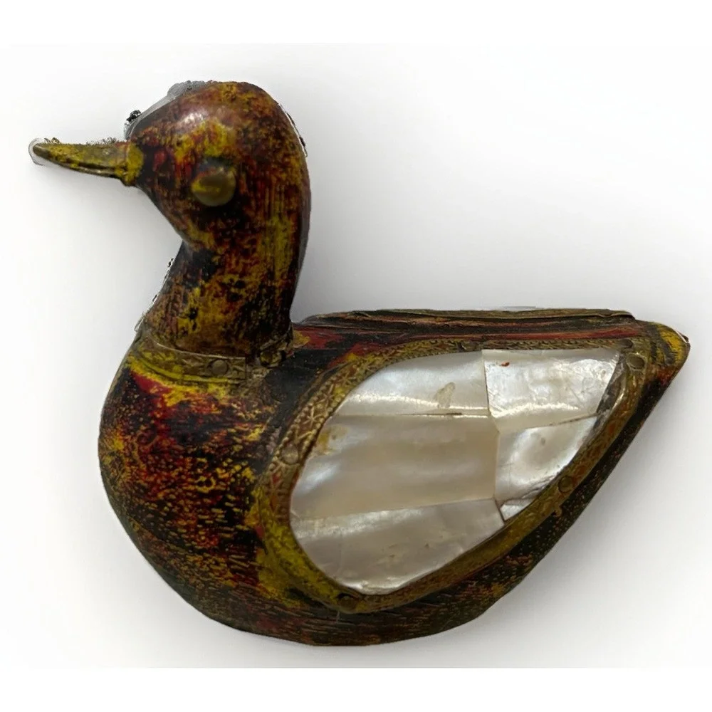 Vtg Set 2 Wood Handcarved Duck w/Brass & Pearl Decorative Inlays Charles Marcak